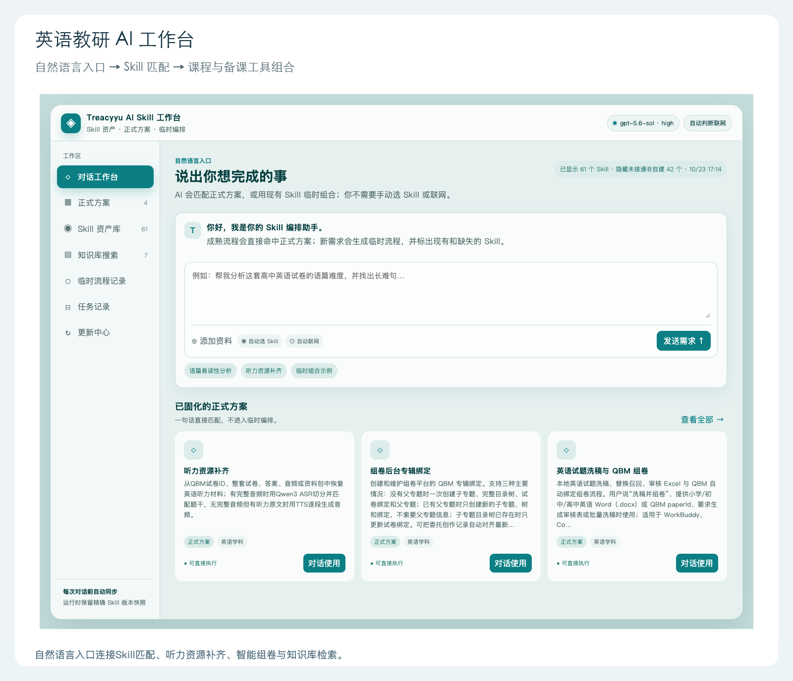 英语教研AI工作台：自然语言入口与听力、组卷等工具方案。
