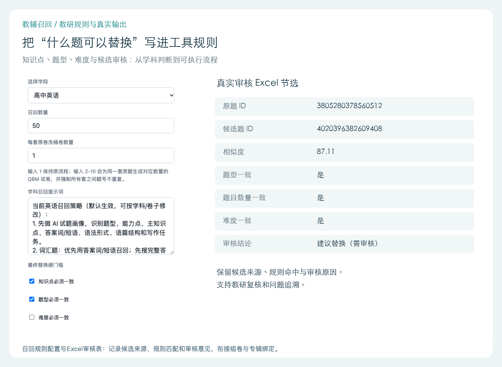 智能召回规则配置与Excel审核表，衔接组卷和专辑绑定。