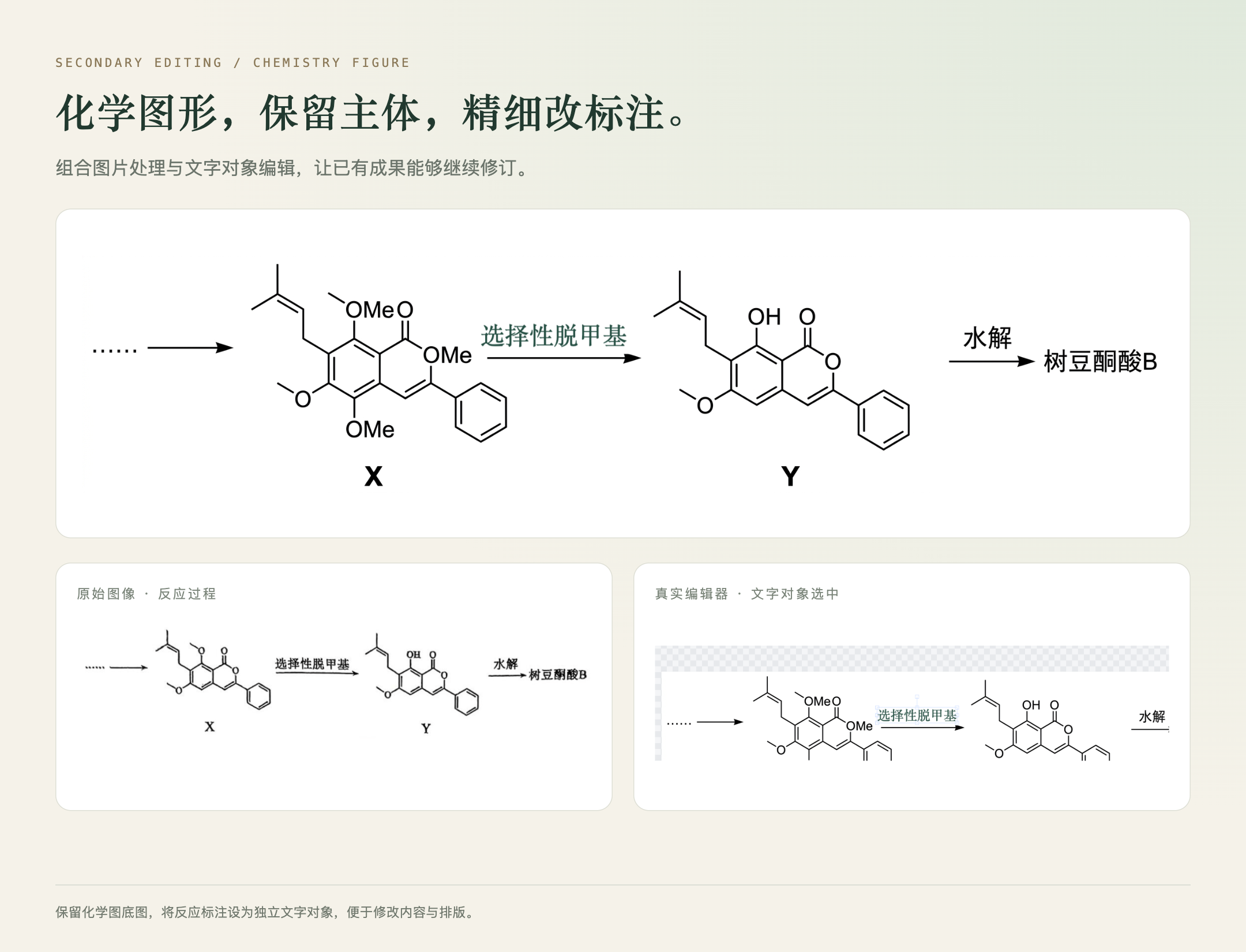 化学题图二次编辑：保留图形底图，独立修改反应标注。